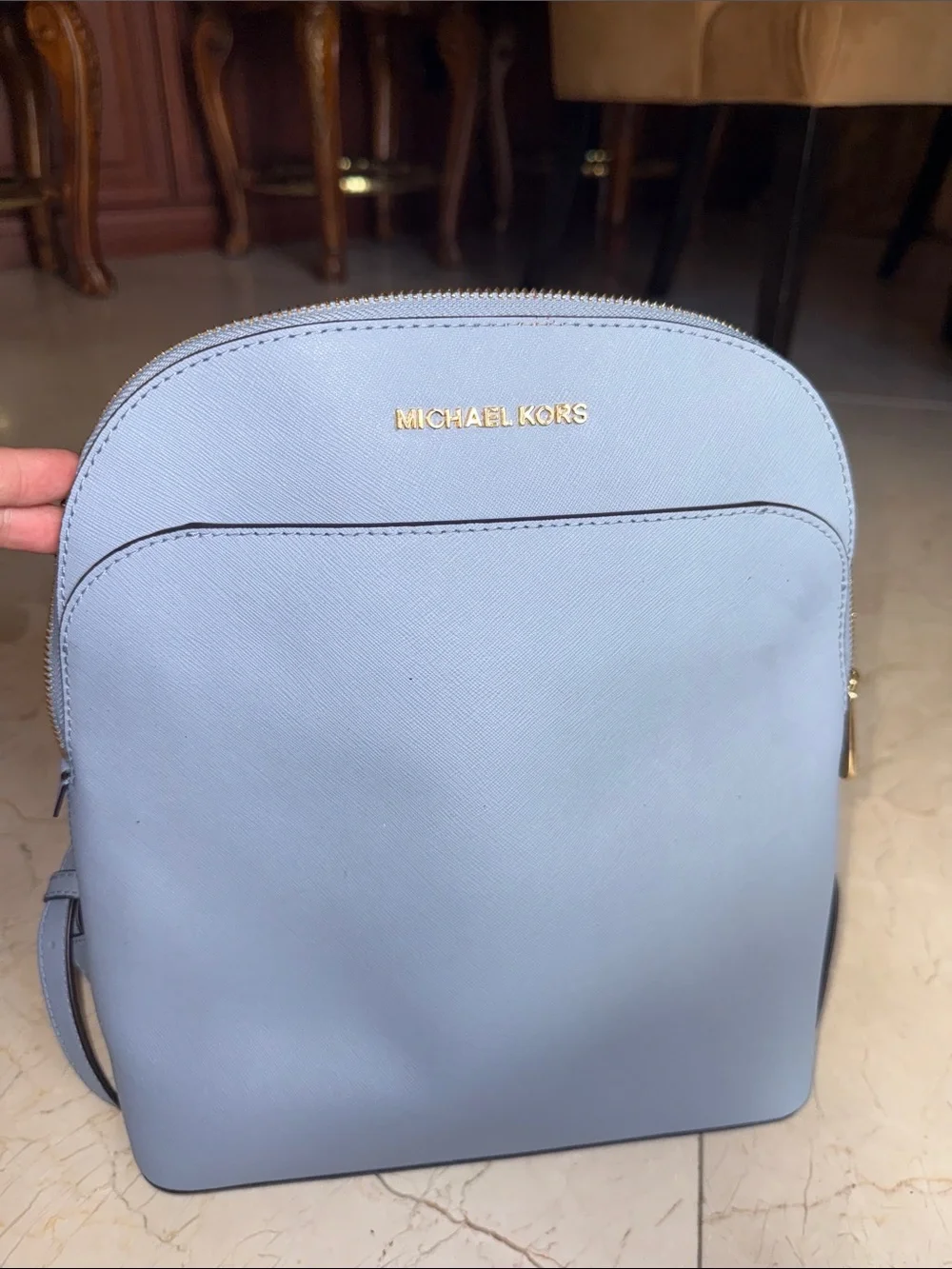Michael Kors Pale Blue Saffiano Leather Backpack with Gold Hardware
